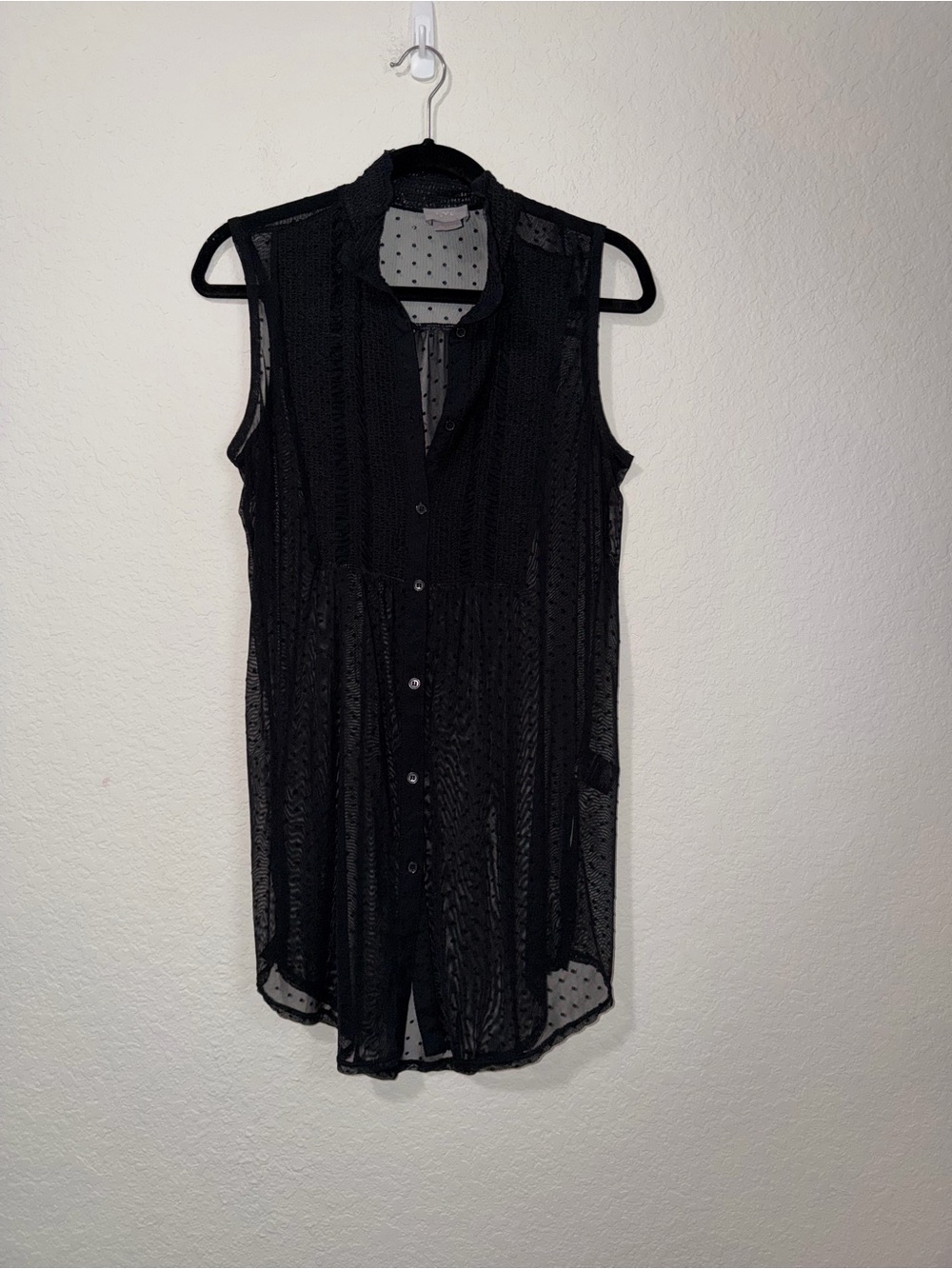Anthropologie Vanessa Virginia Sleeveless Black Sheer Polka-Dot Button-Down top